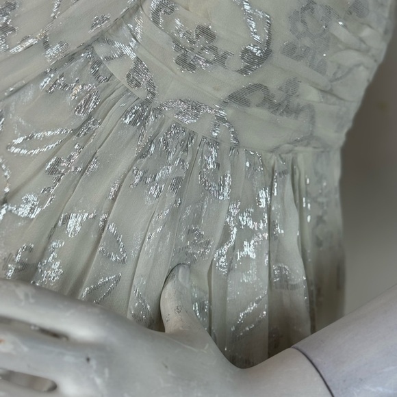 Nicole Miller Silk One Shoulder Dress Maxi 10 Long Foil Silver White Gown Size 2 - Picture 7 of 16